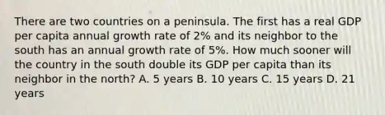 There are two countries on a peninsula. The first has a real GDP per capita annual growth rate of 2% and its neighbor to the south has an annual growth rate of 5%. How much sooner will the country in the south double its GDP per capita than its neighbor in the north? A. 5 years B. 10 years C. 15 years D. 21 years