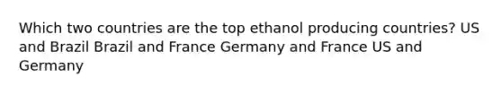 Which two countries are the top ethanol producing countries? US and Brazil Brazil and France Germany and France US and Germany