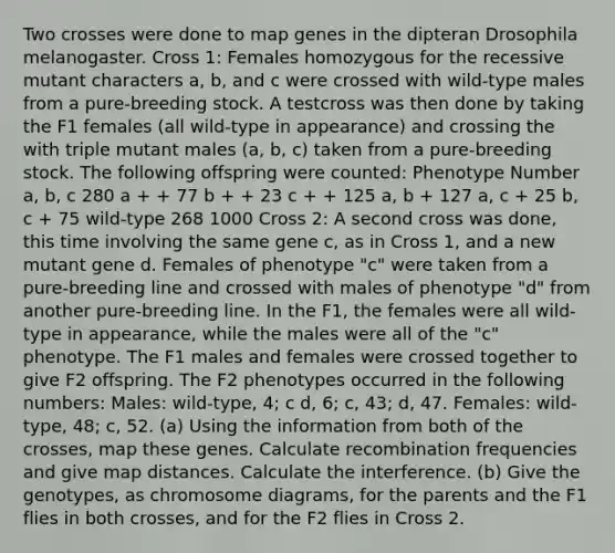 Two crosses were done to map genes in the dipteran Drosophila melanogaster. Cross 1: Females homozygous for the recessive mutant characters a, b, and c were crossed with wild-type males from a pure-breeding stock. A testcross was then done by taking the F1 females (all wild-type in appearance) and crossing the with triple mutant males (a, b, c) taken from a pure-breeding stock. The following offspring were counted: Phenotype Number a, b, c 280 a + + 77 b + + 23 c + + 125 a, b + 127 a, c + 25 b, c + 75 wild-type 268 1000 Cross 2: A second cross was done, this time involving the same gene c, as in Cross 1, and a new mutant gene d. Females of phenotype "c" were taken from a pure-breeding line and crossed with males of phenotype "d" from another pure-breeding line. In the F1, the females were all wild-type in appearance, while the males were all of the "c" phenotype. The F1 males and females were crossed together to give F2 offspring. The F2 phenotypes occurred in the following numbers: Males: wild-type, 4; c d, 6; c, 43; d, 47. Females: wild-type, 48; c, 52. (a) Using the information from both of the crosses, map these genes. Calculate recombination frequencies and give map distances. Calculate the interference. (b) Give the genotypes, as chromosome diagrams, for the parents and the F1 flies in both crosses, and for the F2 flies in Cross 2.