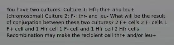 You have two cultures: Culture 1: Hfr; thr+ and leu+ (chromosomal) Culture 2: F-; thr- and leu- What will be the result of conjugation between these two cultures? 2 F+ cells 2 F- cells 1 F+ cell and 1 Hfr cell 1 F- cell and 1 Hfr cell 2 Hfr cells Recombination may make the recipient cell thr+ and/or leu+