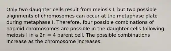 Only two daughter cells result from meiosis I. but two possible alignments of chromosomes can occur at the metaphase plate during metaphase I. Therefore, four possible combinations of haploid chromosomes are possible in the daughter cells following meiosis I in a 2n = 4 parent cell. The possible combinations increase as the chromosome increases.