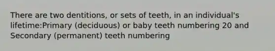 There are two dentitions, or sets of teeth, in an individual's lifetime:Primary (deciduous) or baby teeth numbering 20 and Secondary (permanent) teeth numbering