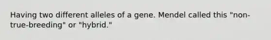 Having two different alleles of a gene. Mendel called this "non-true-breeding" or "hybrid."