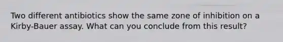 Two different antibiotics show the same zone of inhibition on a Kirby-Bauer assay. What can you conclude from this result?