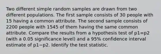 Two different simple random samples are drawn from two different populations. The first sample consists of 30 people with 15 having a common attribute. The second sample consists of 2200 people with 1545 of them having the same common attribute. Compare the results from a hypothesis test of p1=p2 (with a 0.05 significance​ level) and a 95​% confidence interval estimate of p1−p2. Identify <a href='https://www.questionai.com/knowledge/kzeQt8hpQB-the-test-statistic' class='anchor-knowledge'>the test statistic</a>.