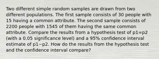 Two different simple random samples are drawn from two different populations. The first sample consists of 30 people with 15 having a common attribute. The second sample consists of 2200 people with 1545 of them having the same common attribute. Compare the results from a hypothesis test of p1=p2 (with a 0.05 significance​ level) and a 95​% confidence interval estimate of p1−p2. How do the results from the hypothesis test and the confidence interval​ compare?