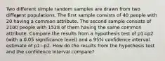 Two different simple random samples are drawn from two different populations. The first sample consists of 40 people with 20 having a common attribute. The second sample consists of 2100 people with 1528 of them having the same common attribute. Compare the results from a hypothesis test of p1=p2 ​(with a 0.05 significance​ level) and a 95​% confidence interval estimate of p1−p2. How do the results from the hypothesis test and the confidence interval​ compare?