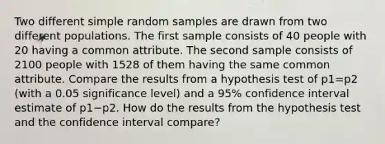 Two different simple random samples are drawn from two different populations. The first sample consists of 40 people with 20 having a common attribute. The second sample consists of 2100 people with 1528 of them having the same common attribute. Compare the results from a hypothesis test of p1=p2 ​(with a 0.05 significance​ level) and a 95​% confidence interval estimate of p1−p2. How do the results from the hypothesis test and the confidence interval​ compare?