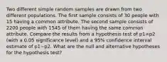 Two different simple random samples are drawn from two different populations. The first sample consists of 30 people with 15 having a common attribute. The second sample consists of 2200 people with 1545 of them having the same common attribute. Compare the results from a hypothesis test of p1=p2 (with a 0.05 significance​ level) and a 95​% confidence interval estimate of p1−p2. What are the null and alternative hypotheses for the hypothesis​ test?