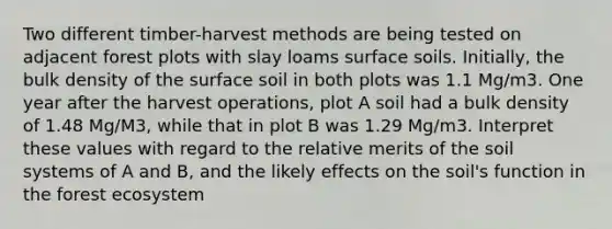 Two different timber-harvest methods are being tested on adjacent forest plots with slay loams surface soils. Initially, the bulk density of the surface soil in both plots was 1.1 Mg/m3. One year after the harvest operations, plot A soil had a bulk density of 1.48 Mg/M3, while that in plot B was 1.29 Mg/m3. Interpret these values with regard to the relative merits of the soil systems of A and B, and the likely effects on the soil's function in the forest ecosystem