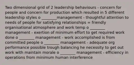 Two dimensional grid of 2 leadership behaviours - concern for people and concern for production which resulted in 5 different leadership styles o ________management - thoughtful attention to needs of people for satisfying relationships = friendly organisational atmosphere and work temp o ________ management - exertion of minimum effort to get required <a href='https://www.questionai.com/knowledge/kHqF7z1ajZ-work-done' class='anchor-knowledge'>work done</a> o ________ management - work accomplished is from committed people o ________ management - adequate org performance possible trough balancing he necessity to get out work with maintain morale o ________ management - efficiency in operations from minimum human interference