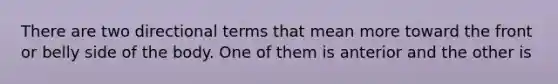 There are two directional terms that mean more toward the front or belly side of the body. One of them is anterior and the other is