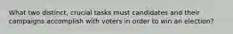 What two distinct, crucial tasks must candidates and their campaigns accomplish with voters in order to win an election?