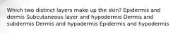 Which two distinct layers make up the skin? Epidermis and dermis Subcutaneous layer and hypodermis Dermis and subdermis Dermis and hypodermis Epidermis and hypodermis