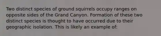 Two distinct species of ground squirrels occupy ranges on opposite sides of the Grand Canyon. Formation of these two distinct species is thought to have occurred due to their geographic isolation. This is likely an example of: