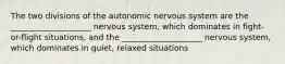 The two divisions of the autonomic nervous system are the ____________________ nervous system, which dominates in fight-or-flight situations, and the ____________________ nervous system, which dominates in quiet, relaxed situations