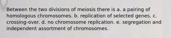 Between the two divisions of meiosis there is a. a pairing of homologous chromosomes. b. replication of selected genes. c. crossing-over. d. no chromosome replication. e. segregation and independent assortment of chromosomes.