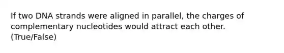 If two DNA strands were aligned in parallel, the charges of complementary nucleotides would attract each other. (True/False)