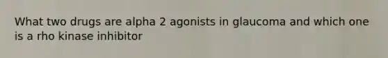 What two drugs are alpha 2 agonists in glaucoma and which one is a rho kinase inhibitor