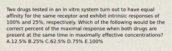 Two drugs tested in an in vitro system turn out to have equal affinity for the same receptor and exhibit intrinsic responses of 100% and 25%, respectively. Which of the following would be the correct percent of the maximal response when both drugs are present at the same time in maximally effective concentrations? A.12.5% B.25% C.62.5% D.75% E.100%