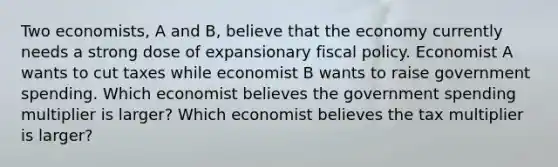 Two economists, A and B, believe that the economy currently needs a strong dose of expansionary fiscal policy. Economist A wants to cut taxes while economist B wants to raise government spending. Which economist believes the government spending multiplier is larger? Which economist believes the tax multiplier is larger?