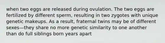 when two eggs are released during ovulation. The two eggs are fertilized by different sperm, resulting in two zygotes with unique genetic makeups. As a result, fraternal twins may be of different sexes—they share no more genetic similarity to one another than do full siblings born years apart