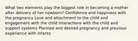 What two elements play the biggest role in becoming a mother after delivery of her newborn? Confidence and happiness with the pregnancy Love and attachment to the child and engagement with the child Interactions with the child and support systems Planned and desired pregnancy and previous experience with infants