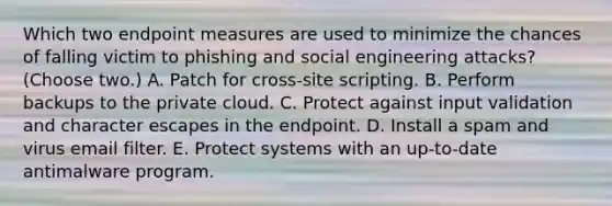 Which two endpoint measures are used to minimize the chances of falling victim to phishing and social engineering attacks? (Choose two.) A. Patch for cross-site scripting. B. Perform backups to the private cloud. C. Protect against input validation and character escapes in the endpoint. D. Install a spam and virus email filter. E. Protect systems with an up-to-date antimalware program.