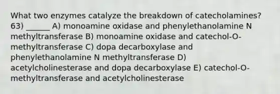 What two enzymes catalyze the breakdown of catecholamines? 63) ______ A) monoamine oxidase and phenylethanolamine N methyltransferase B) monoamine oxidase and catechol-O-methyltransferase C) dopa decarboxylase and phenylethanolamine N methyltransferase D) acetylcholinesterase and dopa decarboxylase E) catechol-O-methyltransferase and acetylcholinesterase