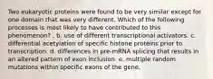 Two eukaryotic proteins were found to be very similar except for one domain that was very different. Which of the following processes is most likely to have contributed to this phenomenon? . b. use of different transcriptional activators. c. differential acetylation of specific histone proteins prior to transcription. d. differences in pre-mRNA splicing that results in an altered pattern of exon inclusion. e. multiple random mutations within specific exons of the gene.