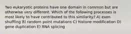 Two eukaryotic proteins have one domain in common but are otherwise very different. Which of the following processes is most likely to have contributed to this similarity? A) exon shuffling B) random point mutations C) histone modification D) gene duplication E) RNA splicing