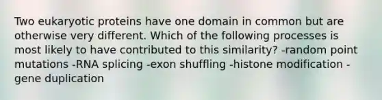 Two eukaryotic proteins have one domain in common but are otherwise very different. Which of the following processes is most likely to have contributed to this similarity? -random point mutations -RNA splicing -exon shuffling -histone modification -gene duplication