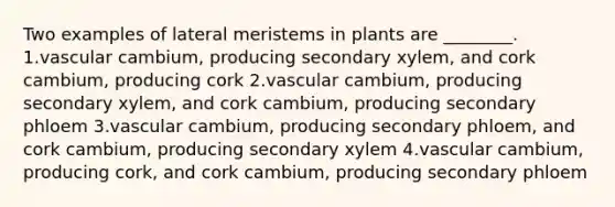 Two examples of lateral meristems in plants are ________. 1.vascular cambium, producing secondary xylem, and cork cambium, producing cork 2.vascular cambium, producing secondary xylem, and cork cambium, producing secondary phloem 3.vascular cambium, producing secondary phloem, and cork cambium, producing secondary xylem 4.vascular cambium, producing cork, and cork cambium, producing secondary phloem