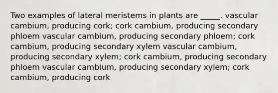 Two examples of lateral meristems in plants are _____. vascular cambium, producing cork; cork cambium, producing secondary phloem vascular cambium, producing secondary phloem; cork cambium, producing secondary xylem vascular cambium, producing secondary xylem; cork cambium, producing secondary phloem vascular cambium, producing secondary xylem; cork cambium, producing cork