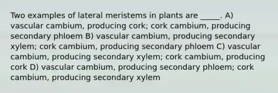 Two examples of lateral meristems in plants are _____. A) vascular cambium, producing cork; cork cambium, producing secondary phloem B) vascular cambium, producing secondary xylem; cork cambium, producing secondary phloem C) vascular cambium, producing secondary xylem; cork cambium, producing cork D) vascular cambium, producing secondary phloem; cork cambium, producing secondary xylem