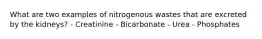 What are two examples of nitrogenous wastes that are excreted by the kidneys? - Creatinine - Bicarbonate - Urea - Phosphates