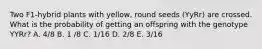 Two F1-hybrid plants with yellow, round seeds (YyRr) are crossed. What is the probability of getting an offspring with the genotype YYRr? A. 4/8 B. 1 /8 C. 1/16 D. 2/8 E. 3/16