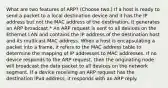 What are two features of ARP? (Choose two.) If a host is ready to send a packet to a local destination device and it has the IP address but not the MAC address of the destination, it generates an ARP broadcast.* An ARP request is sent to all devices on the Ethernet LAN and contains the IP address of the destination host and its multicast MAC address. When a host is encapsulating a packet into a frame, it refers to the MAC address table to determine the mapping of IP addresses to MAC addresses. If no device responds to the ARP request, then the originating node will broadcast the data packet to all devices on the network segment. If a device receiving an ARP request has the destination IPv4 address, it responds with an ARP reply.