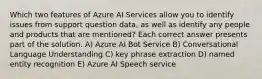 Which two features of Azure AI Services allow you to identify issues from support question data, as well as identify any people and products that are mentioned? Each correct answer presents part of the solution. A) Azure AI Bot Service B) Conversational Language Understanding C) key phrase extraction D) named entity recognition E) Azure AI Speech service