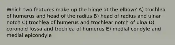 Which two features make up the hinge at the elbow? A) trochlea of humerus and head of the radius B) head of radius and ulnar notch C) trochlea of humerus and trochlear notch of ulna D) coronoid fossa and trochlea of humerus E) medial condyle and medial epicondyle