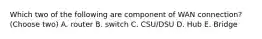Which two of the following are component of WAN connection? (Choose two) A. router B. switch C. CSU/DSU D. Hub E. Bridge