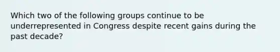 Which two of the following groups continue to be underrepresented in Congress despite recent gains during the past decade?