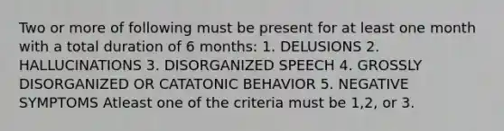 Two or more of following must be present for at least one month with a total duration of 6 months: 1. DELUSIONS 2. HALLUCINATIONS 3. DISORGANIZED SPEECH 4. GROSSLY DISORGANIZED OR CATATONIC BEHAVIOR 5. NEGATIVE SYMPTOMS Atleast one of the criteria must be 1,2, or 3.