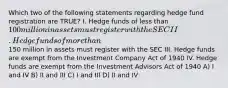 Which two of the following statements regarding hedge fund registration are TRUE? I. Hedge funds of less than 100 million in assets must register with the SEC II. Hedge funds of more than150 million in assets must register with the SEC III. Hedge funds are exempt from the Investment Company Act of 1940 IV. Hedge funds are exempt from the Investment Advisors Act of 1940 A) I and IV B) II and III C) I and III D) II and IV