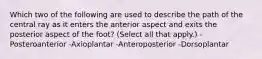 Which two of the following are used to describe the path of the central ray as it enters the anterior aspect and exits the posterior aspect of the foot? (Select all that apply.) -Posteroanterior -Axioplantar -Anteroposterior -Dorsoplantar