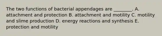 The two functions of bacterial appendages are ________. A. attachment and protection B. attachment and motility C. motility and slime production D. energy reactions and synthesis E. protection and motility