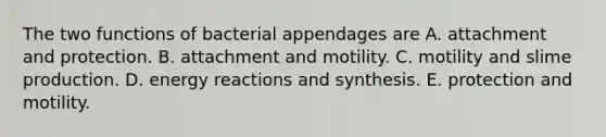 The two functions of bacterial appendages are A. attachment and protection. B. attachment and motility. C. motility and slime production. D. energy reactions and synthesis. E. protection and motility.