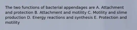 The two functions of bacterial appendages are A. Attachment and protection B. Attachment and motility C. Motility and slime production D. Energy reactions and synthesis E. Protection and motility