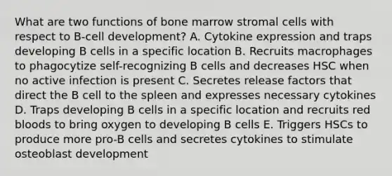 What are two functions of bone marrow stromal cells with respect to B-cell development? A. Cytokine expression and traps developing B cells in a specific location B. Recruits macrophages to phagocytize self-recognizing B cells and decreases HSC when no active infection is present C. Secretes release factors that direct the B cell to the spleen and expresses necessary cytokines D. Traps developing B cells in a specific location and recruits red bloods to bring oxygen to developing B cells E. Triggers HSCs to produce more pro-B cells and secretes cytokines to stimulate osteoblast development