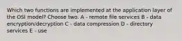 Which two functions are implemented at the application layer of the OSI model? Choose two. A - remote file services B - data encryption/decryption C - data compression D - directory services E - use